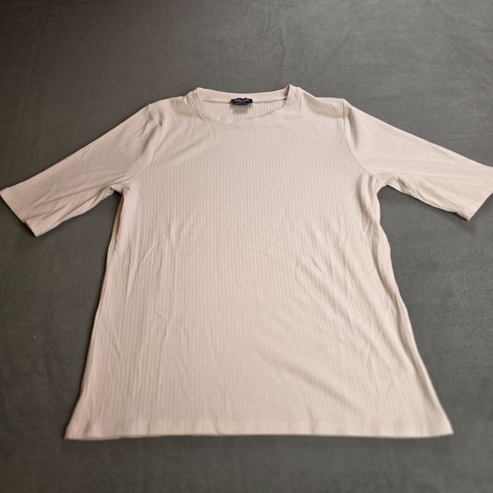 Splendid Women's Small Cream Ribbed Elbow Sleeve Crew Neck Top